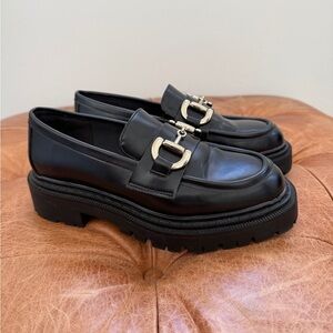 Platform Black Loafers with Gold Buckle